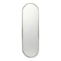 Sleek silver-framed oval mirror with a minimalist design, perfect for modern decor.