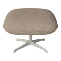 Beige upholstered ottoman with a textured pattern, featuring a sleek white base for a modern look.