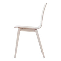 Minimalist white chair with smooth curves and natural wood legs, showcasing a simple, modern design.