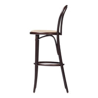 Brown wooden barstool with a light wood seat and curved backrest, featuring a minimalist design.