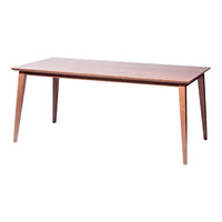 "Rectangular wooden table in rich walnut color with smooth finish and tapered legs, perfect for modern dining spaces."