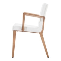 White upholstered chair with natural wood arms and legs, sleek modern design, minimalist aesthetic.