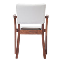 White upholstered chair with a smooth, minimalist design and rich brown wooden frame.