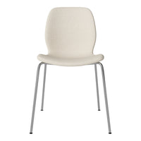 Cream-colored chair with a textured fabric and sleek chrome legs, perfect for modern decor.