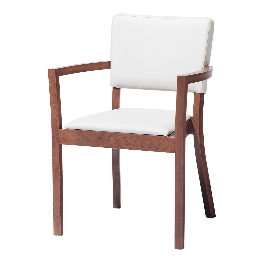 White upholstered chair with wooden brown legs and armrests, featuring a clean, modern design.