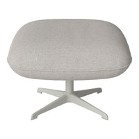 Light gray upholstered stool with a textured pattern and white metal base, perfect for modern interiors.