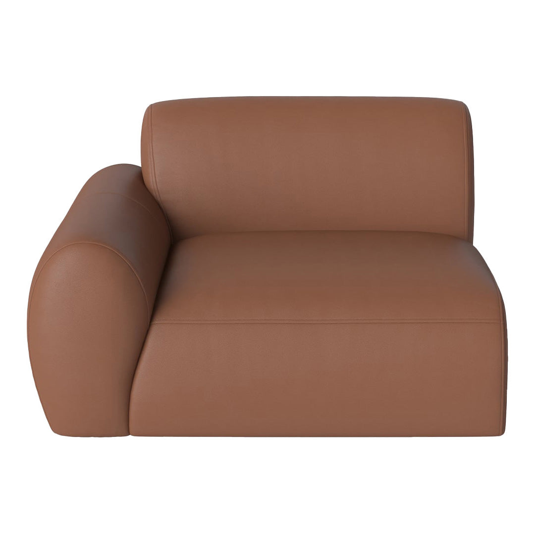 Brown leather accent chair with smooth, minimalist design and contemporary curved shapes, perfect for modern interiors.