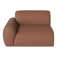 Brown leather accent chair with smooth, minimalist design and contemporary curved shapes, perfect for modern interiors.