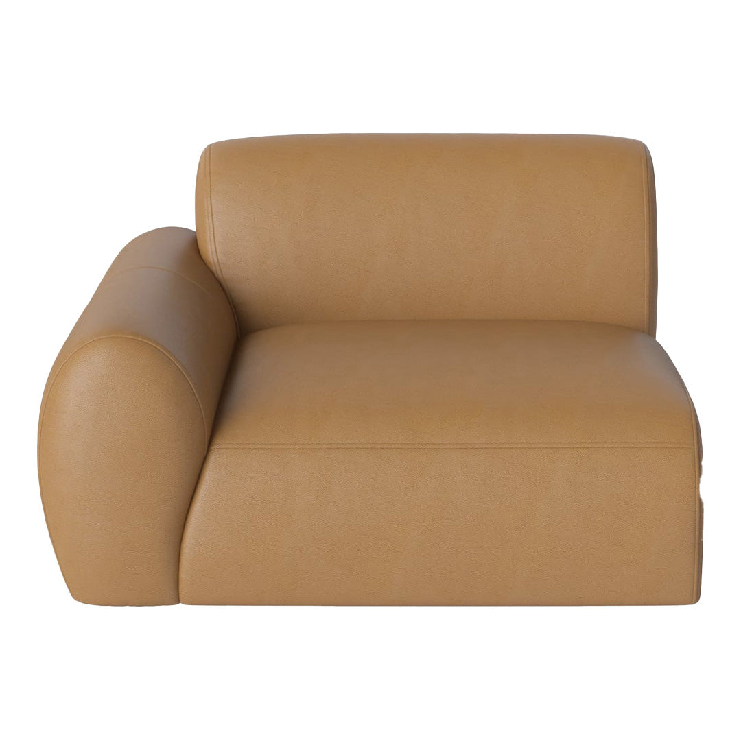 Tan leather accent chair with smooth, rounded edges and minimalist design. Perfect for modern interiors.
