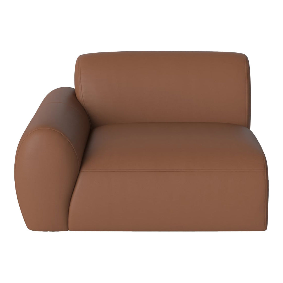 Brown leather armchair with a smooth, minimalist design and rounded edges, perfect for modern decor.