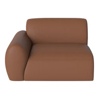 Brown leather armchair with a smooth, minimalist design and rounded edges, perfect for modern decor.