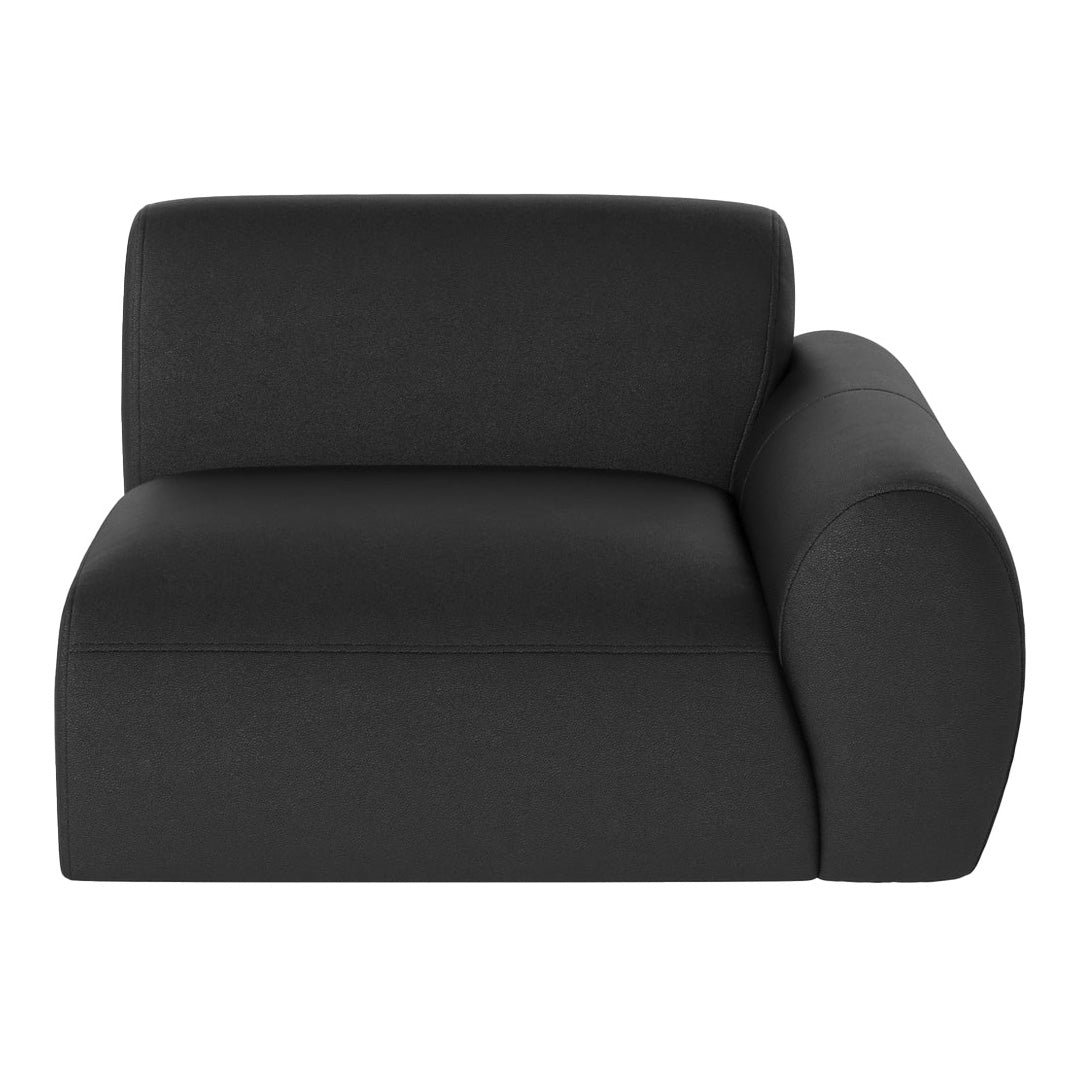 Black modern sofa with smooth fabric and minimalist design, featuring soft curves and clean lines.