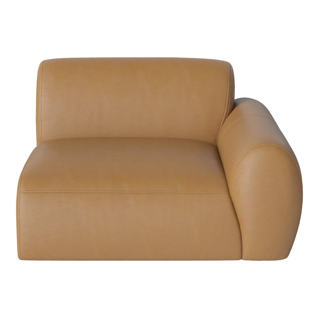 Tan leather armchair featuring a smooth, minimalist design with rounded edges. Ideal for modern decor.