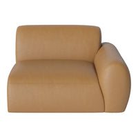Tan leather armchair featuring a smooth, minimalist design with rounded edges. Ideal for modern decor.