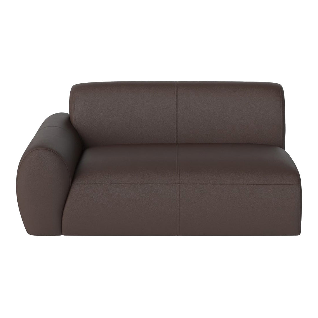 Brown upholstered sofa with a smooth, matte finish and minimalistic design, featuring rounded edges and clean lines.