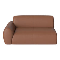 Brown leather sofa with a sleek design and smooth texture, featuring minimalist curved armrests.