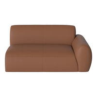 Brown leather sofa with smooth texture and minimal seams, featuring a modern, rounded design.
