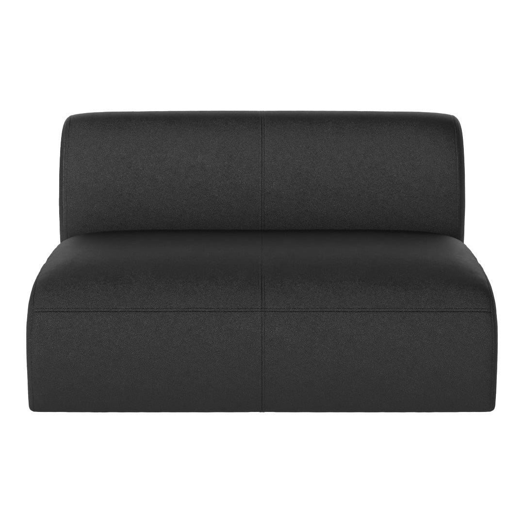 Black upholstered sofa with sleek, minimalist design and smooth texture for modern decor.