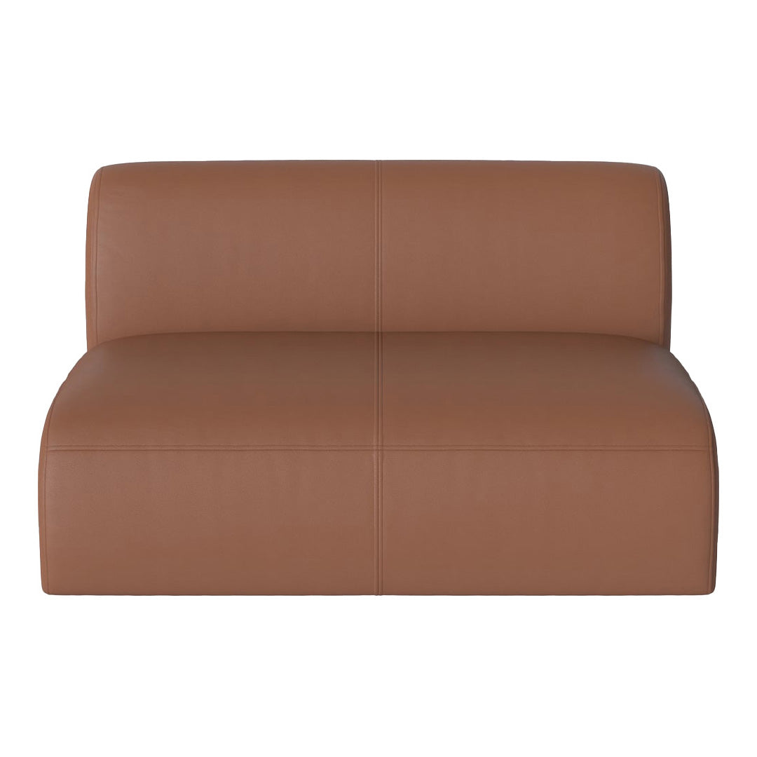 Brown leather loveseat with a smooth texture and minimalist, modern design, featuring stitched seam details.