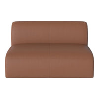 Brown leather loveseat with a smooth texture and minimalist, modern design, featuring stitched seam details.