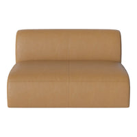 Modern tan leather sofa with a smooth texture and minimalist design, featuring subtle stitching details.