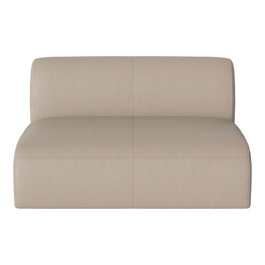 Beige leather ottoman with smooth texture and seamless design, ideal for modern living spaces.