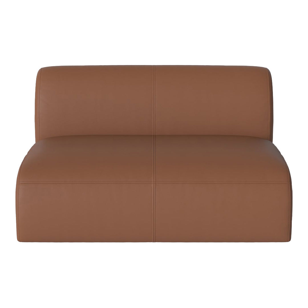 Brown leather loveseat with a sleek, modern design and subtle stitched pattern. Perfect for contemporary spaces.