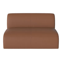 Brown leather loveseat with a sleek, modern design and subtle stitched pattern. Perfect for contemporary spaces.