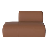 Brown leather chaise lounge with a smooth, minimalist design and subtle stitch detailing. Ideal for modern decor.