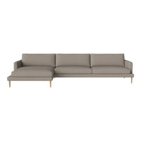 Contemporary sectional sofa in soft taupe fabric with clean lines and light wooden legs, perfect for modern decor.
