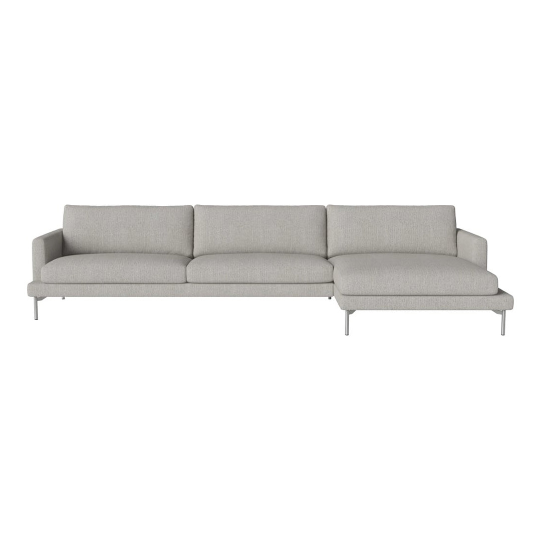Modern light gray sectional sofa with clean lines and minimalist design, featuring smooth textured upholstery.