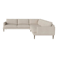 Neutral beige sectional sofa with smooth fabric, featuring modern lines and minimalist design. Perfect for contemporary decor.