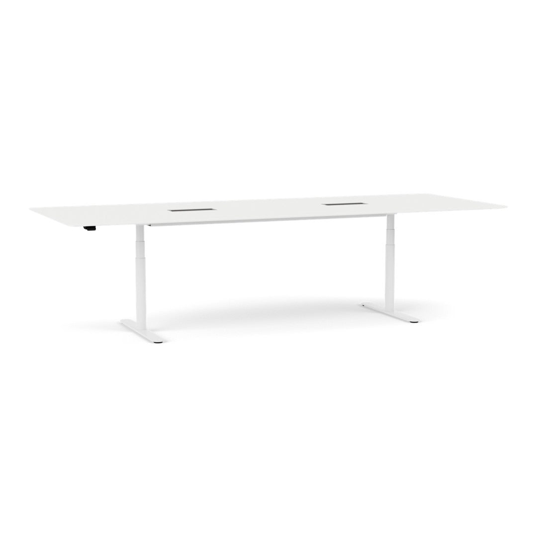 Sleek white desk with a minimalist design and smooth surface, featuring clean lines and no visible patterns.