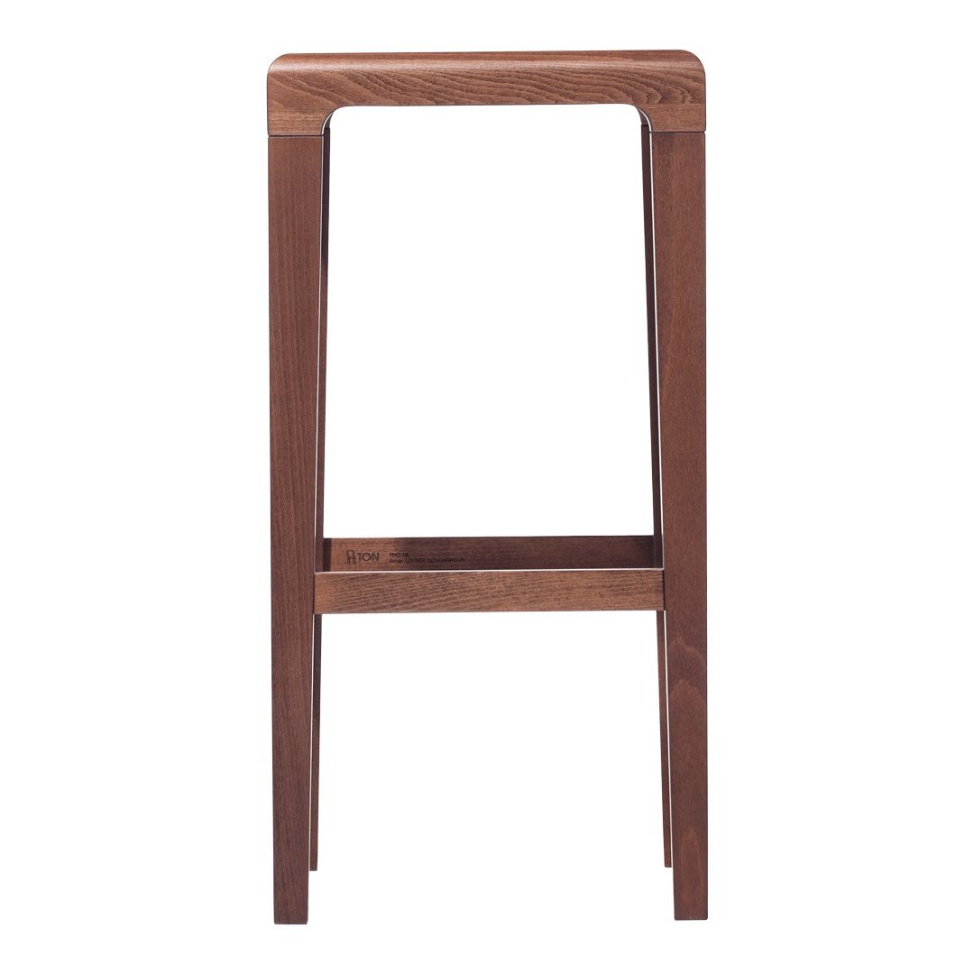 Solid walnut wood barstool with a smooth finish and minimalist design. Rich brown tones and natural grain pattern.