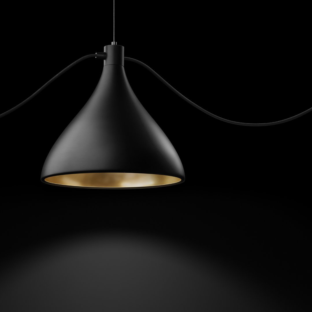 Sleek black pendant lamp with a gold interior, highlighting a modern, minimalist design against a dark background.