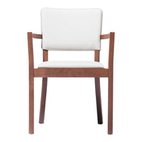 White upholstered chair with a sleek, modern design and rich brown wooden frame, perfect for contemporary decor.