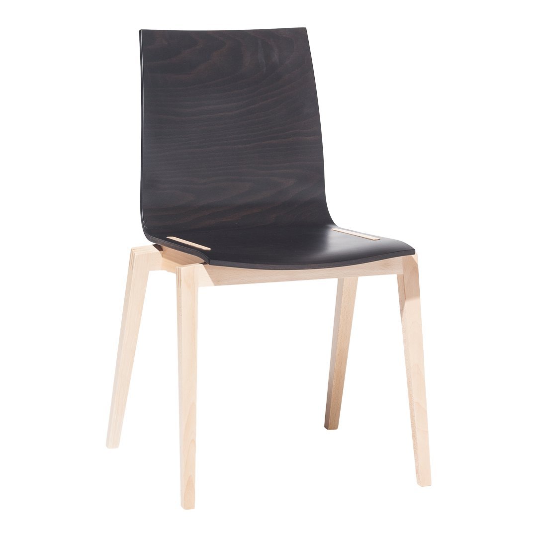 Black and natural wood dining chair with a sleek, minimalist design and smooth surface. Perfect for modern decor.