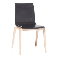 Black and natural wood dining chair with a sleek, minimalist design and smooth surface. Perfect for modern decor.