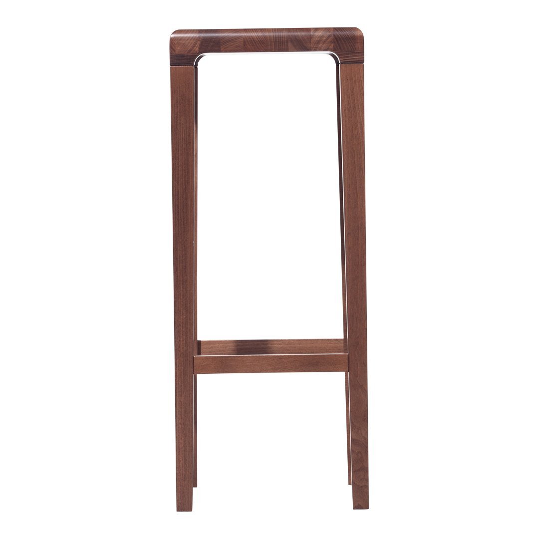 Solid walnut wood bar stool featuring a rich brown finish and sleek, minimalist design. Perfect for modern decor.