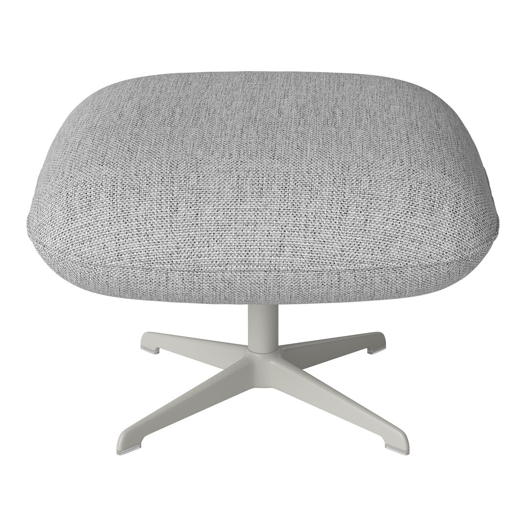 Gray upholstered ottoman with a textured pattern, featuring a sleek white base and minimalist design.