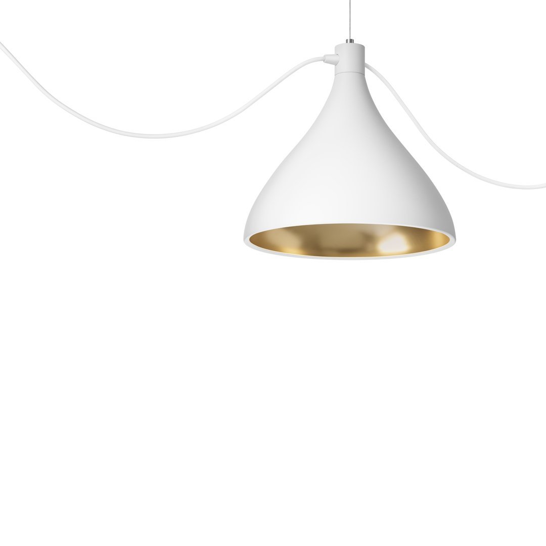 White pendant lamp with a smooth, teardrop shape and a metallic gold interior. Modern minimalist design for stylish decor.
