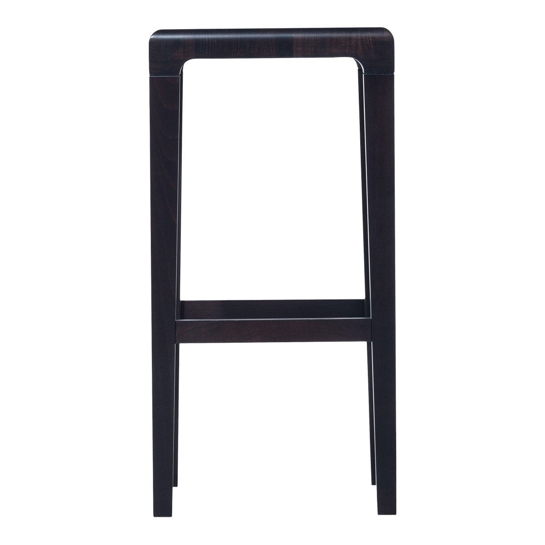 Tall black wooden bar stool with a simple, solid design and smooth finish. Perfect for modern spaces.