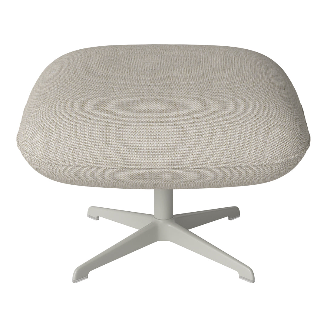 Beige upholstered ottoman with a textured pattern atop a light gray metallic base. Ideal for modern décor.