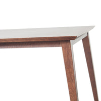 Light wood tabletop with dark wooden legs, featuring a minimalist design and sleek, contemporary lines.