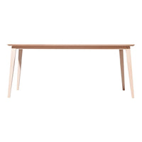 Light wood dining table with smooth, natural finish and simple, clean lines, ideal for modern decor.