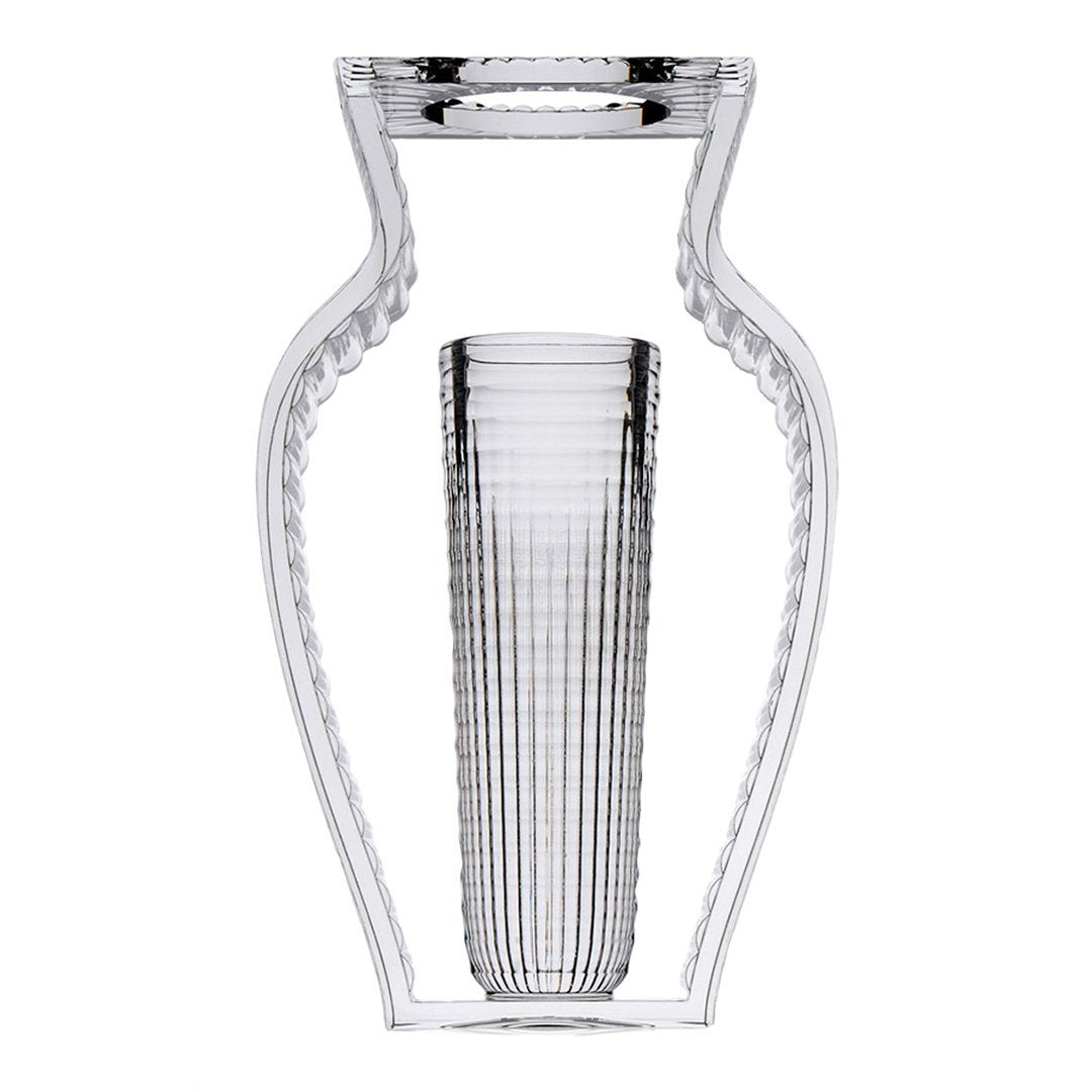 Clear glass vase with intricate ribbed pattern and elegant silhouette, perfect for modern decor.
