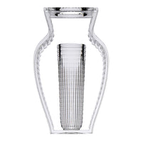 Clear glass vase with intricate ribbed pattern and elegant silhouette, perfect for modern decor.