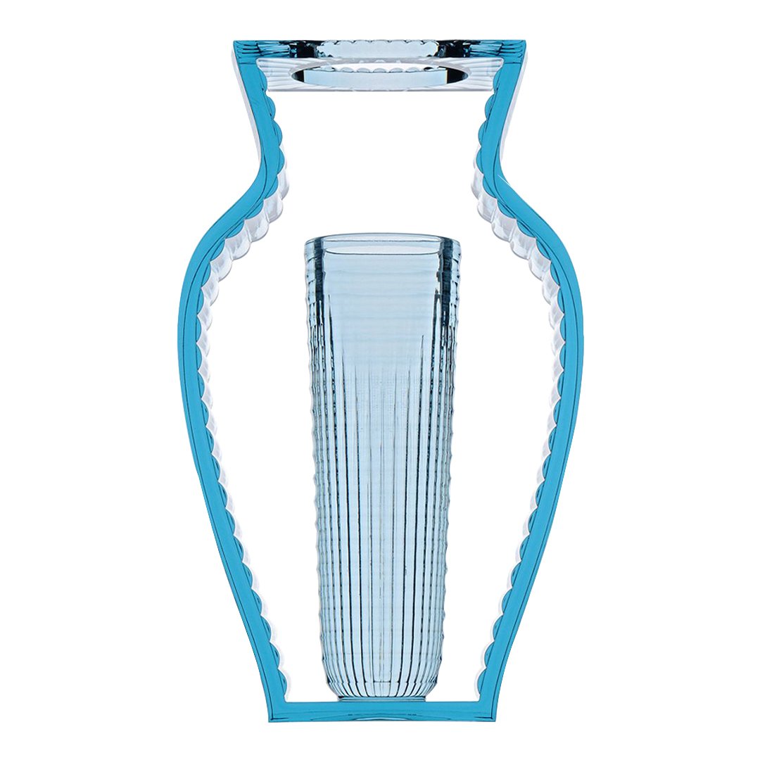 Blue patterned vase with a clear interior, featuring a unique silhouette and textured detailing.