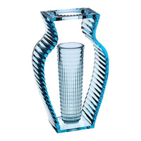 Blue crystal vase with a unique wavy design and textured inner pattern, perfect for modern decor.