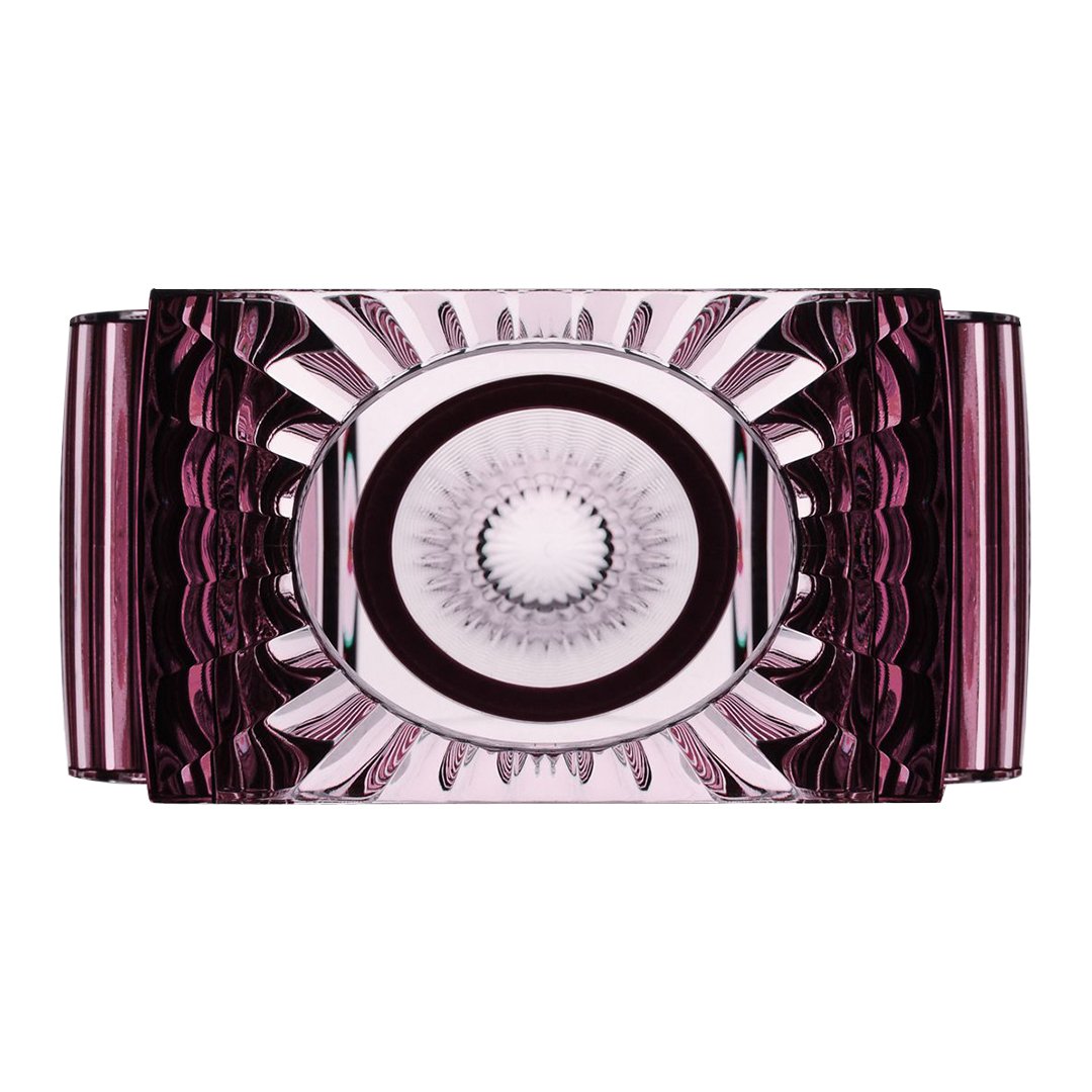 Purple and clear glass tray with intricate geometric patterns and a circular design at the center.